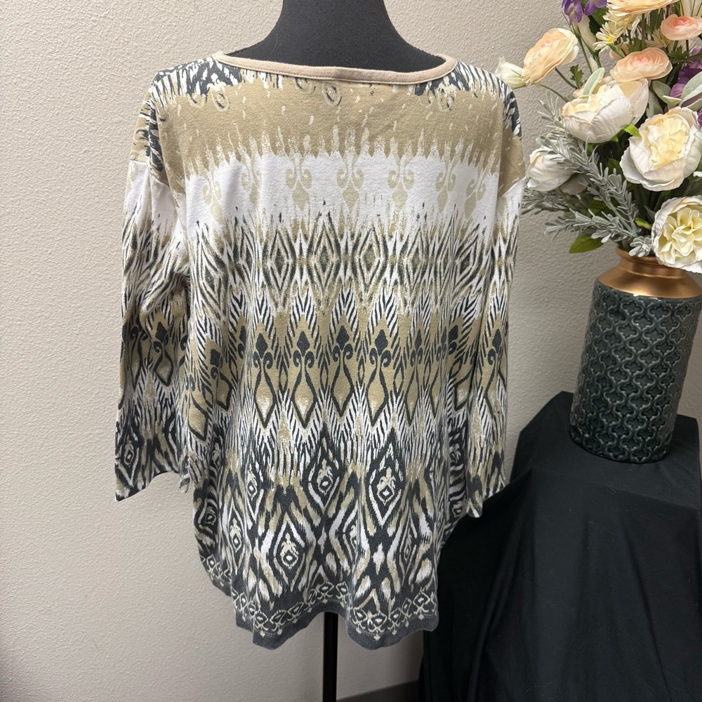 Rebecca Malone 2X Studded Ikat Print Henley Top Beige Gold Metallic Boho Chic - Picture 4 of 9